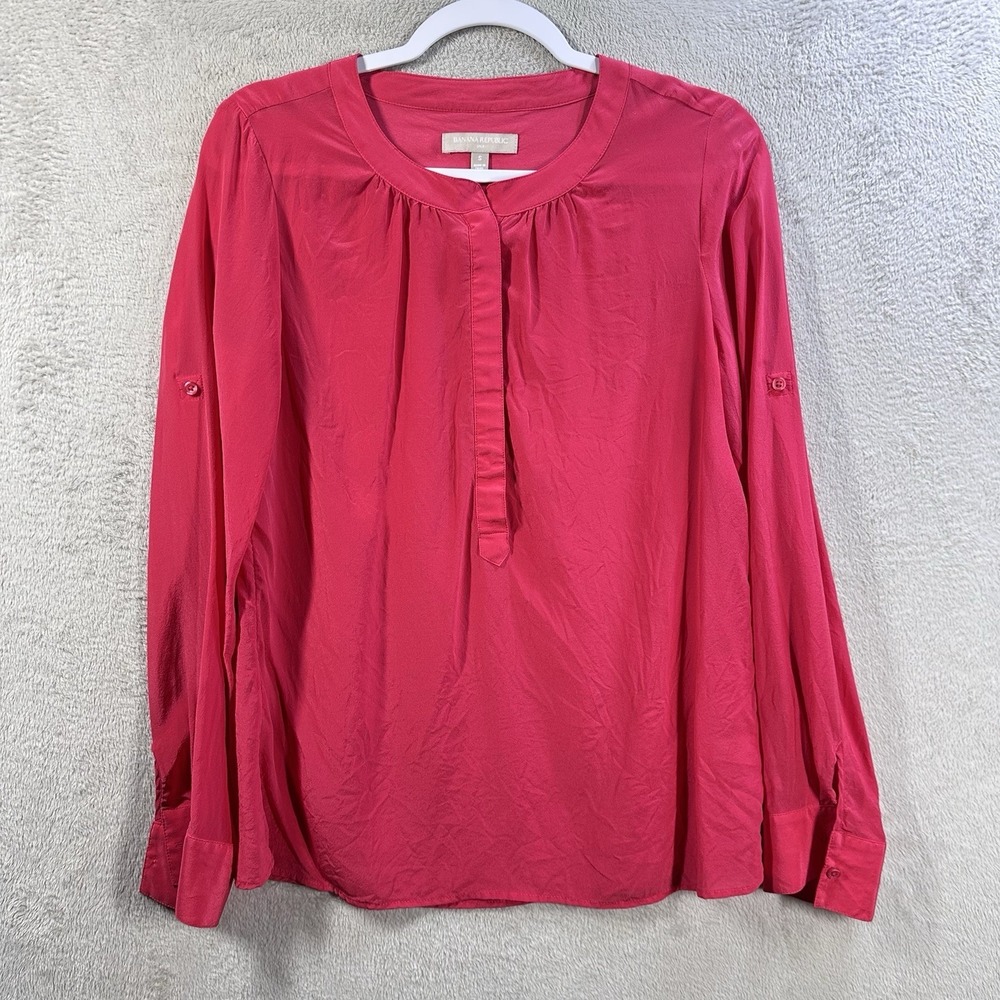 Banana Republic 100% Silk Blouse Women's Size S Relaxed Fit Roll Tab Sleeve Pink
